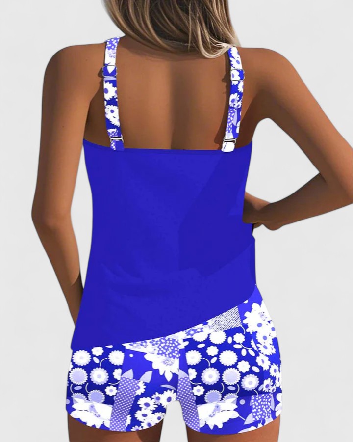 Floral Print Tankini Set with Adjustable Straps and Boy Shorts