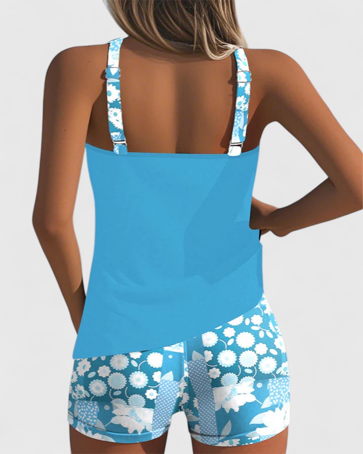 Floral Print Tankini Set with Adjustable Straps and Boy Shorts