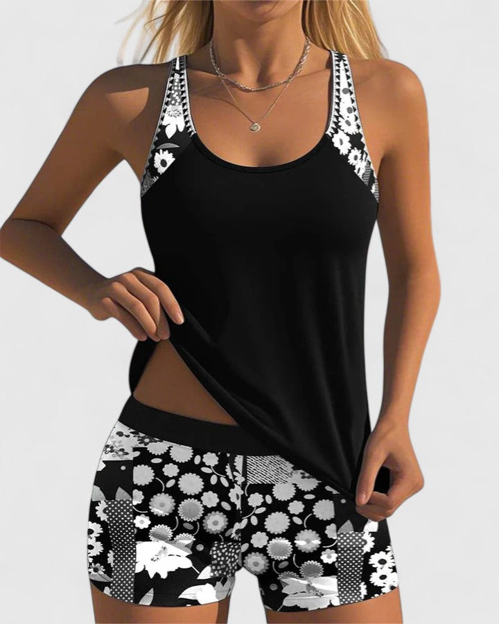 Floral Print Tankini Set with Adjustable Straps and Boy Shorts