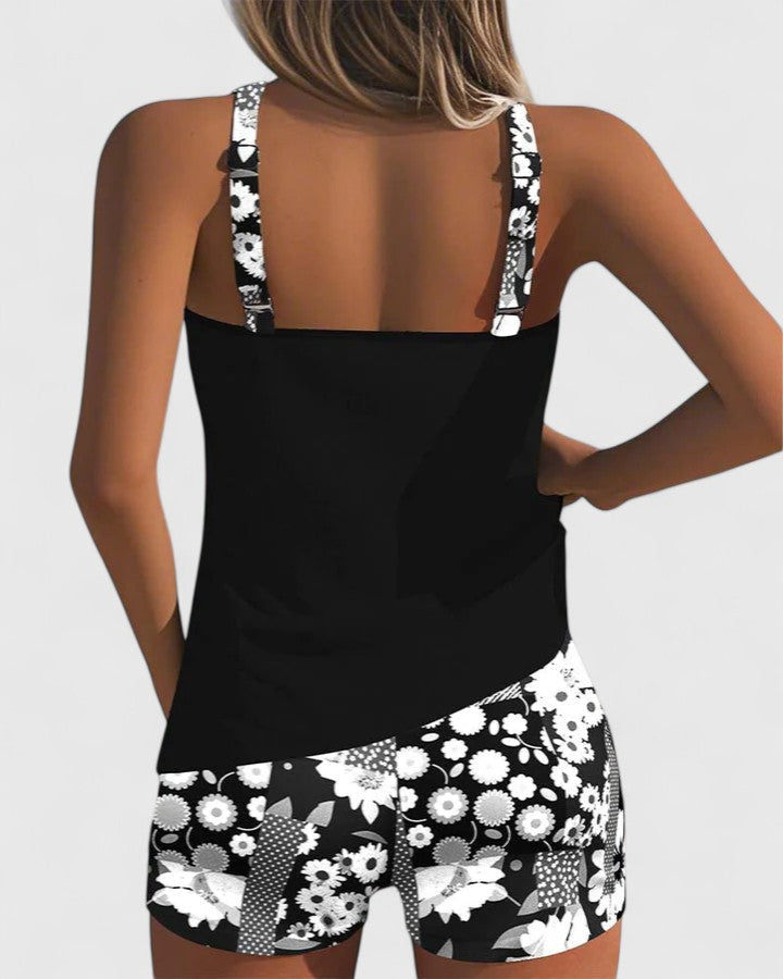 Floral Print Tankini Set with Adjustable Straps and Boy Shorts