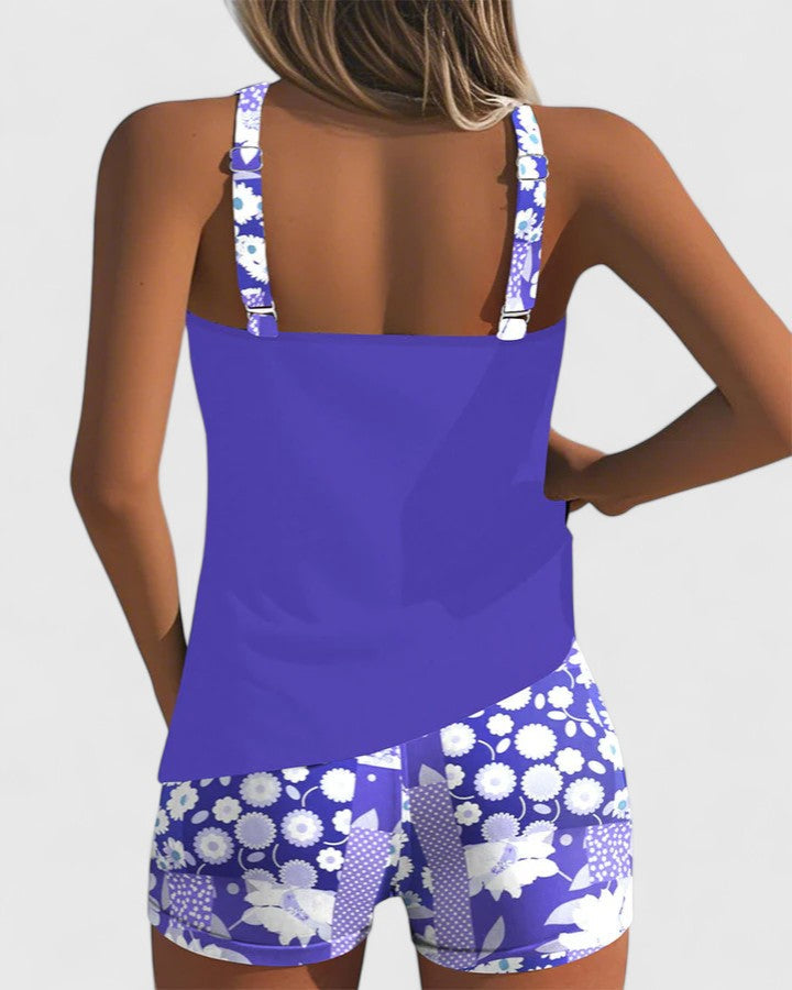 Floral Print Tankini Set with Adjustable Straps and Boy Shorts