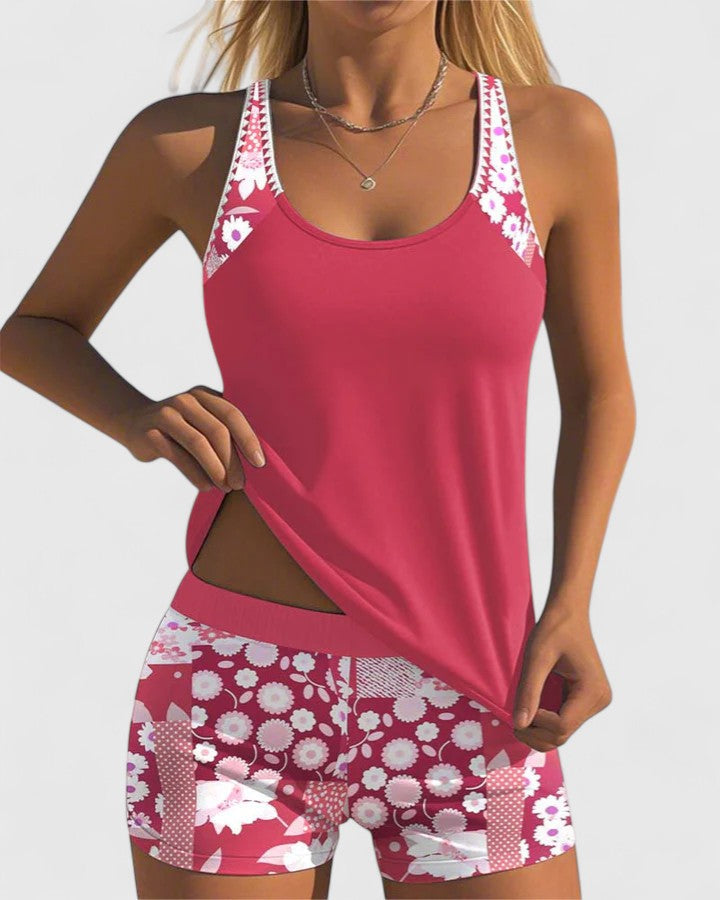Floral Print Tankini Set with Adjustable Straps and Boy Shorts