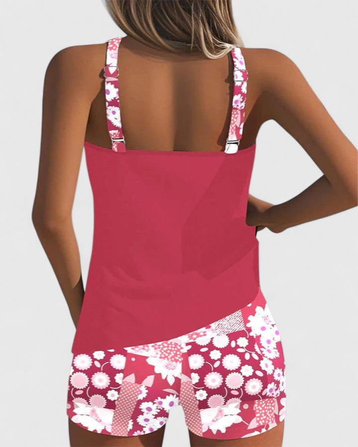 Floral Print Tankini Set with Adjustable Straps and Boy Shorts