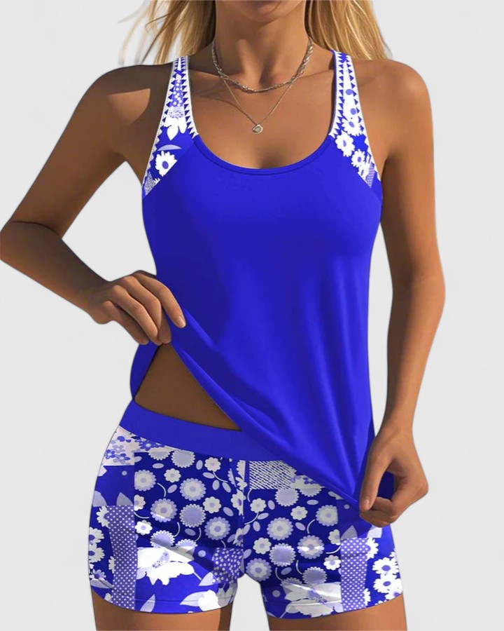 Floral Print Tankini Set with Adjustable Straps and Boy Shorts