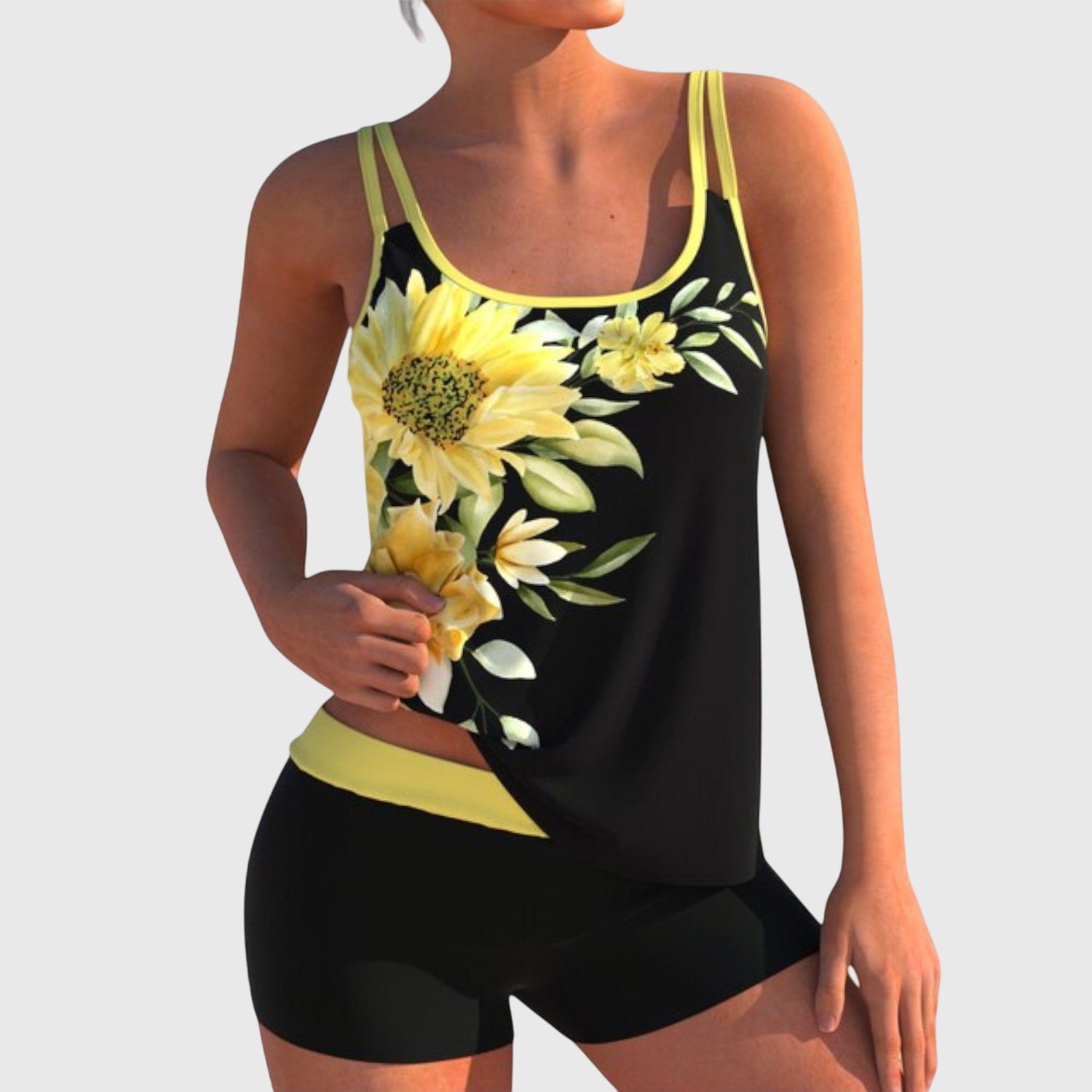 Floral Print Tankini Set with Double Straps and Boy Shorts