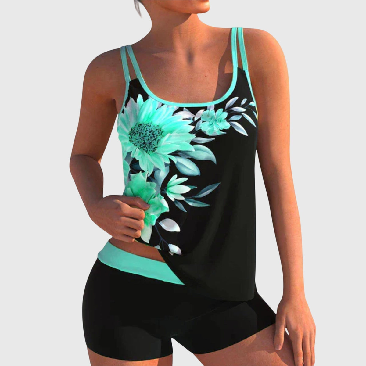 Floral Print Tankini Set with Double Straps and Boy Shorts