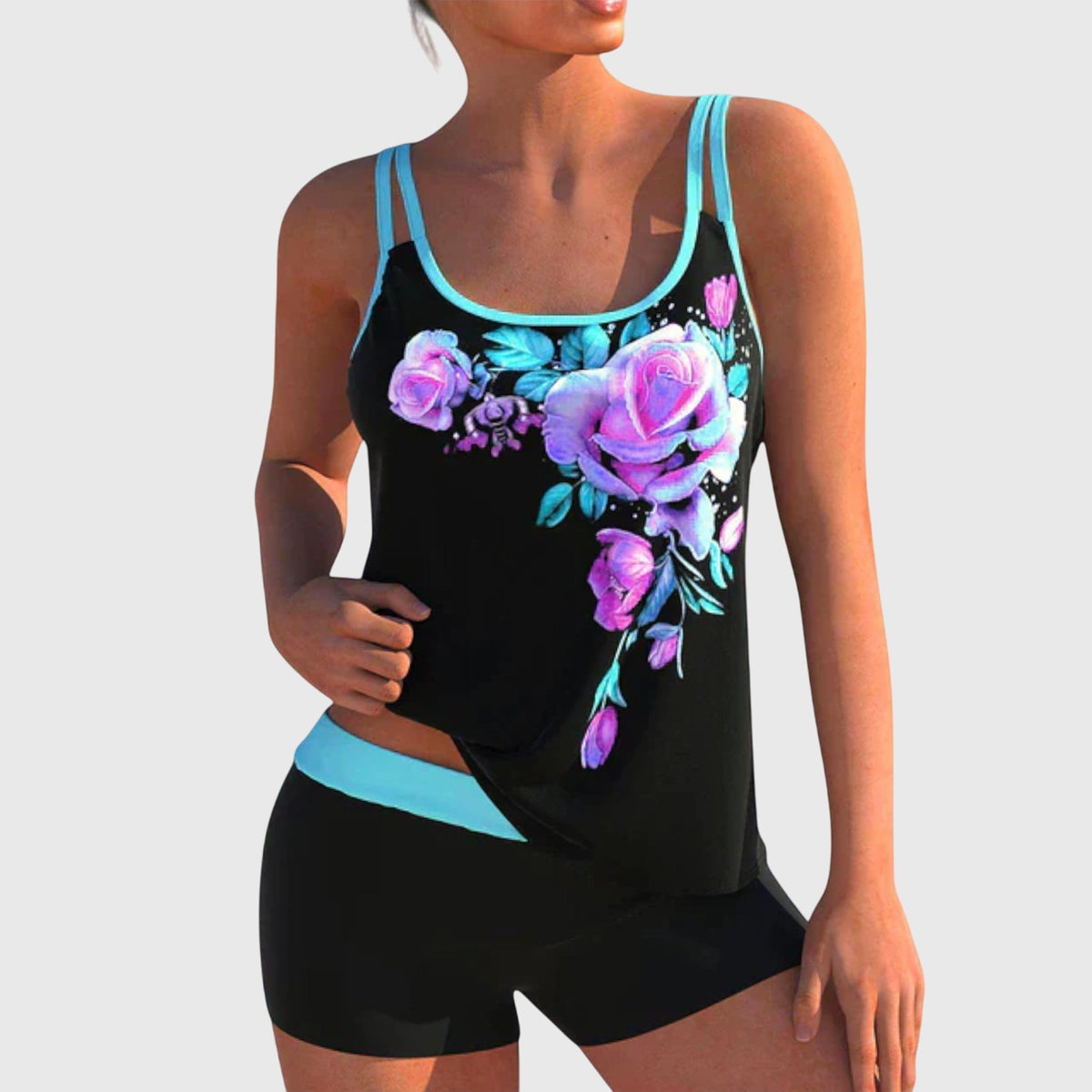 Floral Print Tankini Set with Double Straps and Boy Shorts