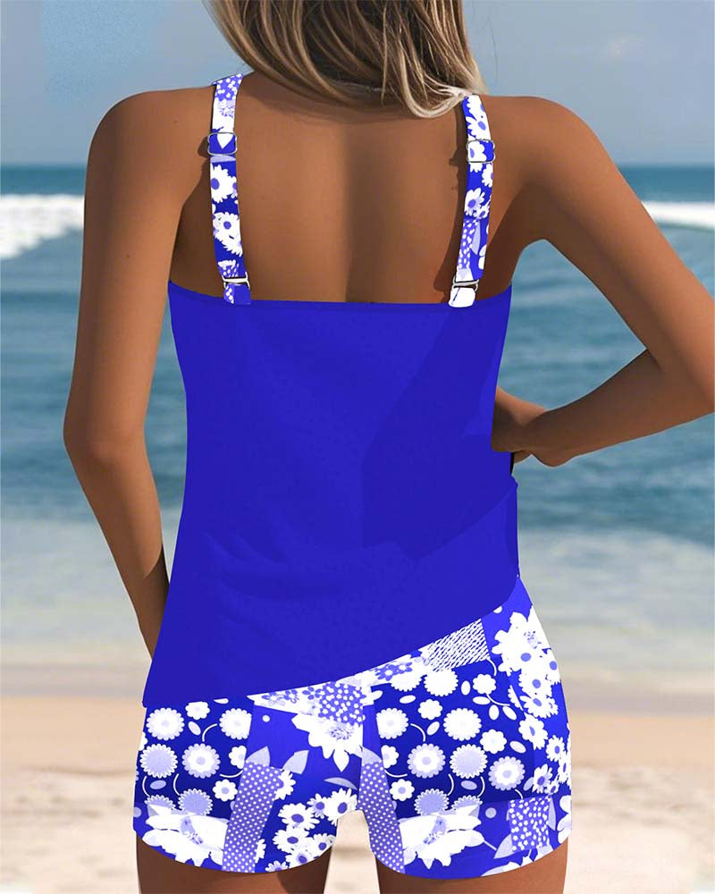 Floral Print Tankini Set with Racerback Tank and Shorts