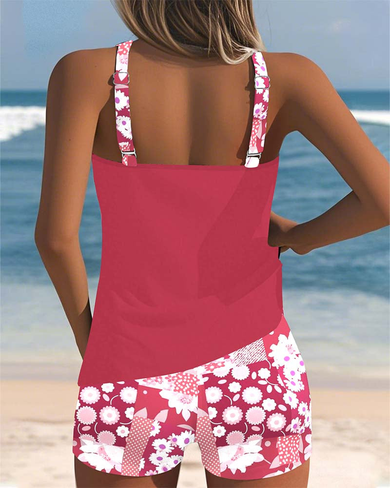 Floral Print Tankini Set with Racerback Tank and Shorts