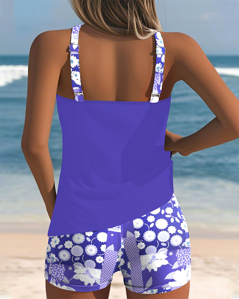 Floral Print Tankini Set with Racerback Tank and Shorts