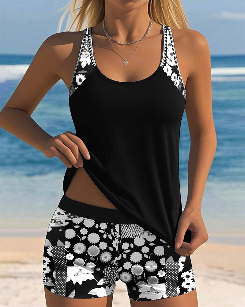 Floral Print Tankini Set with Racerback Tank and Shorts