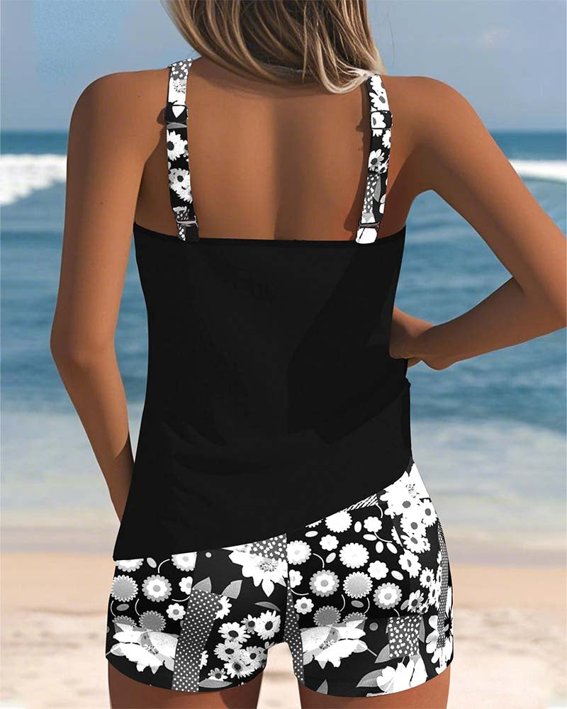 Floral Print Tankini Set with Racerback Tank and Shorts