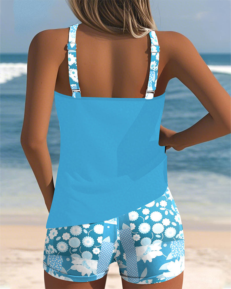 Floral Print Tankini Set with Racerback Tank and Shorts