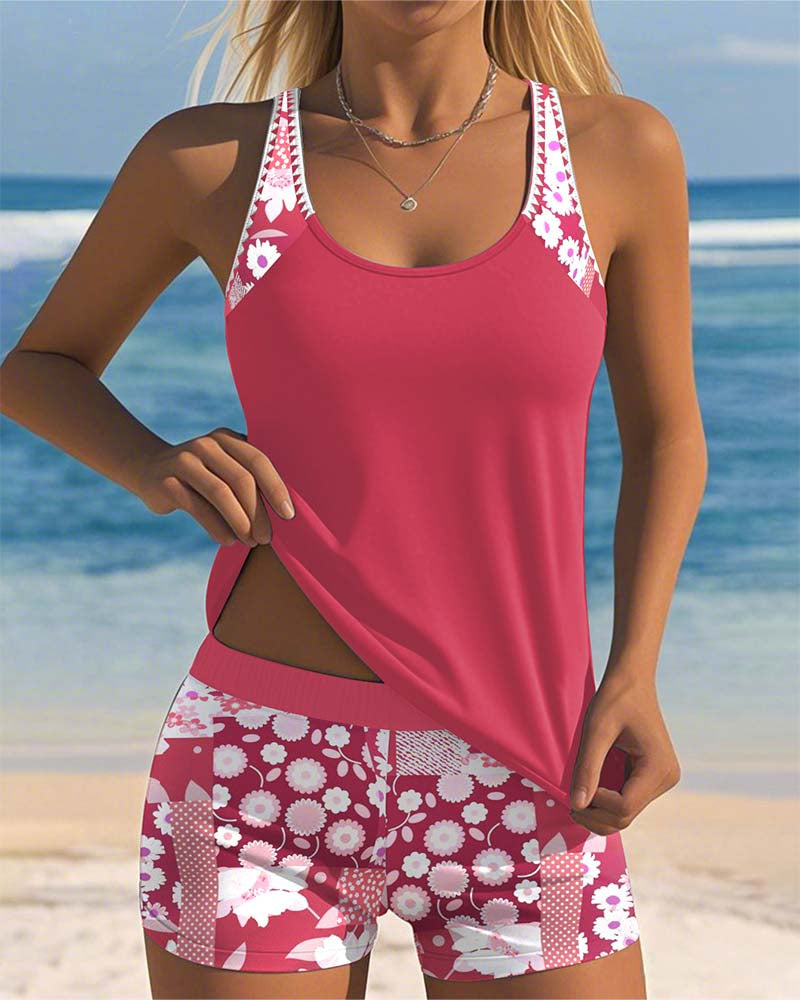 Floral Print Tankini Set with Racerback Tank and Shorts
