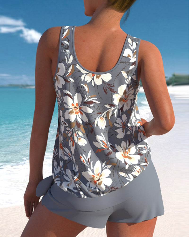 Floral Print Tankini Set with Ruched Top and Swim Shorts