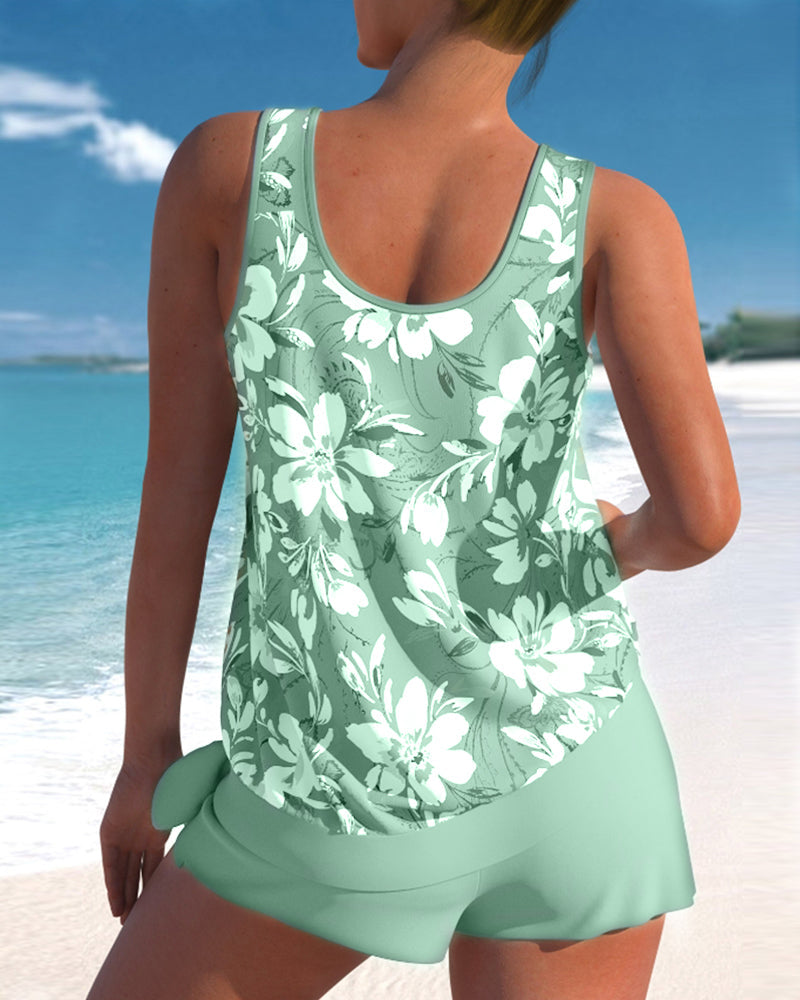 Floral Print Tankini Set with Ruched Top and Swim Shorts