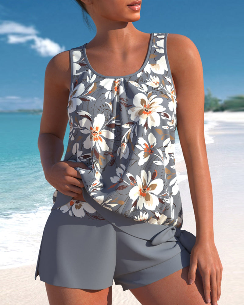Floral Print Tankini Set with Ruched Top and Swim Shorts