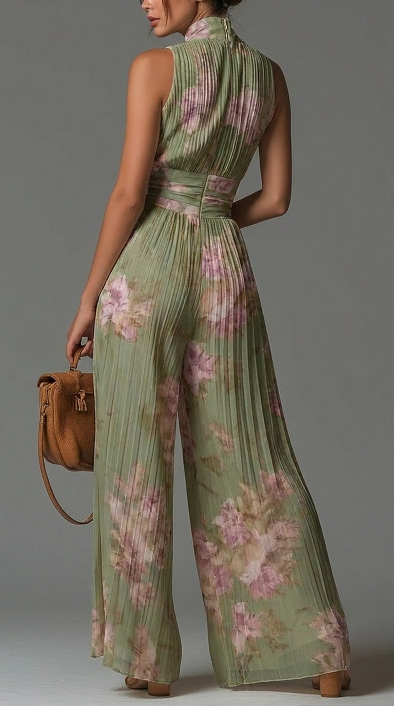 Floral Wide Leg Jumpsuit with Deep V-Neckline and Zip Front