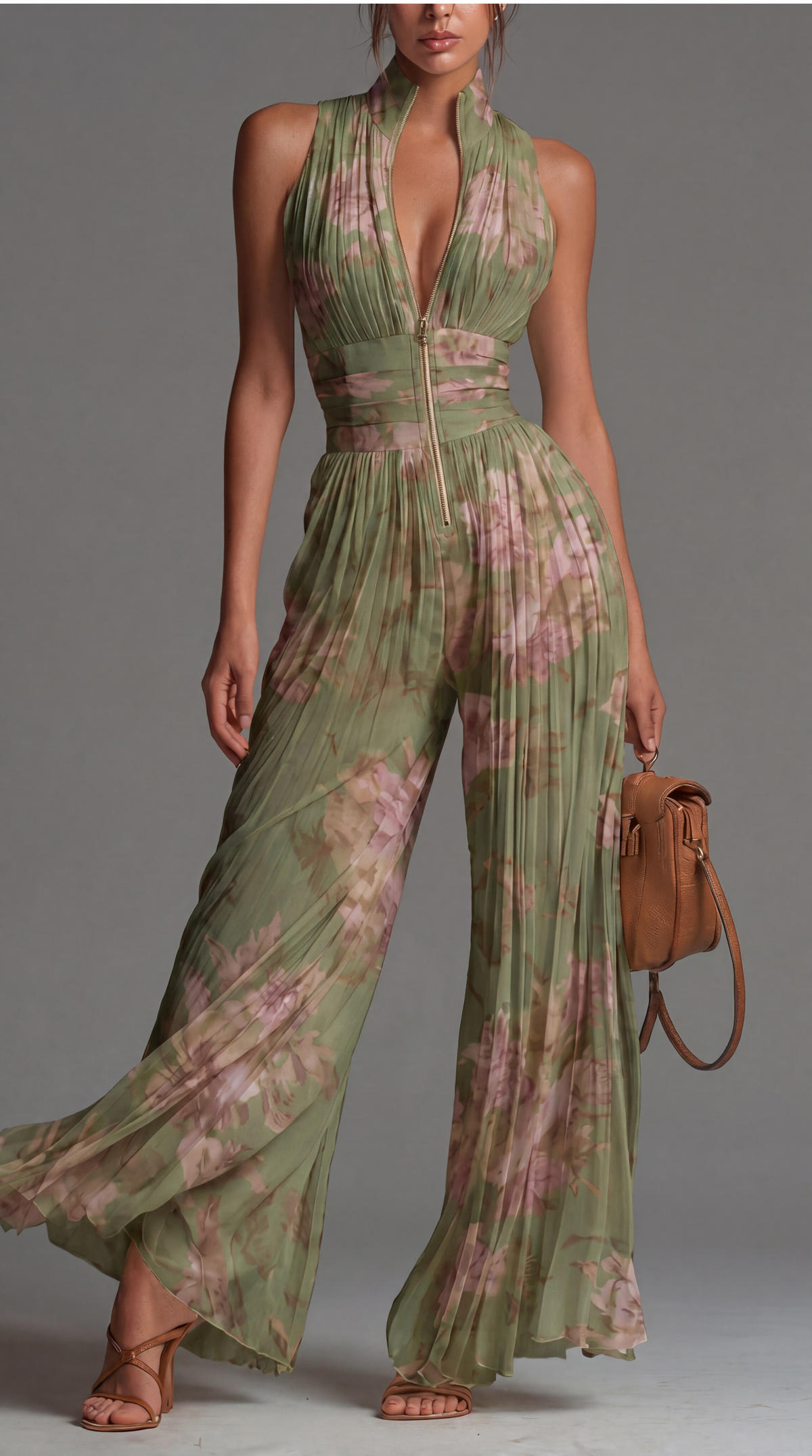 Floral Wide Leg Jumpsuit with Deep V-Neckline and Zip Front