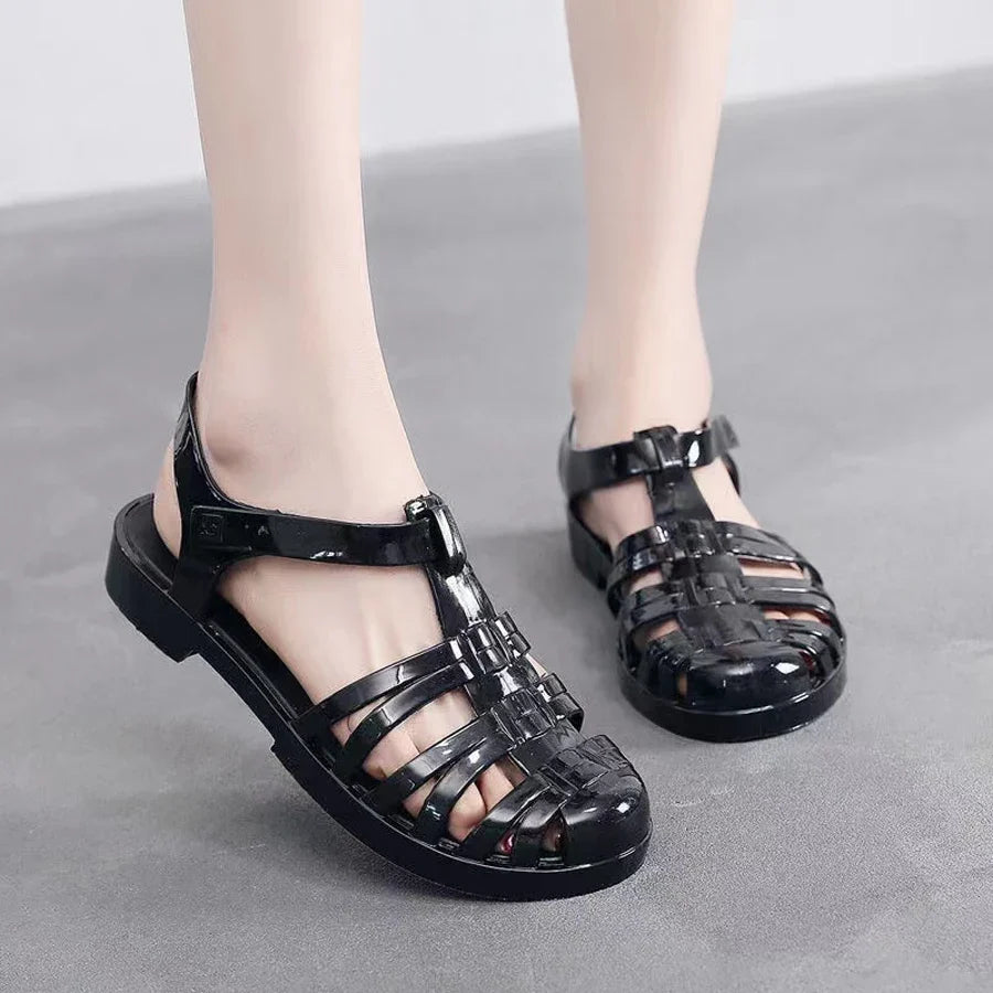 Glitter Jelly Shoes with Caged Straps and Ankle Buckle