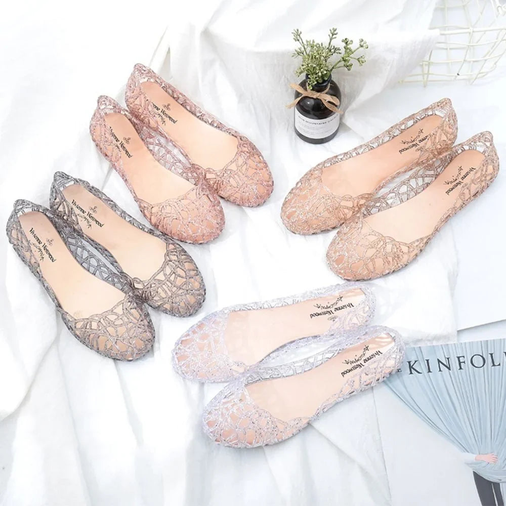 Glitter Jelly Shoes with Cutout Upper and Round Toe