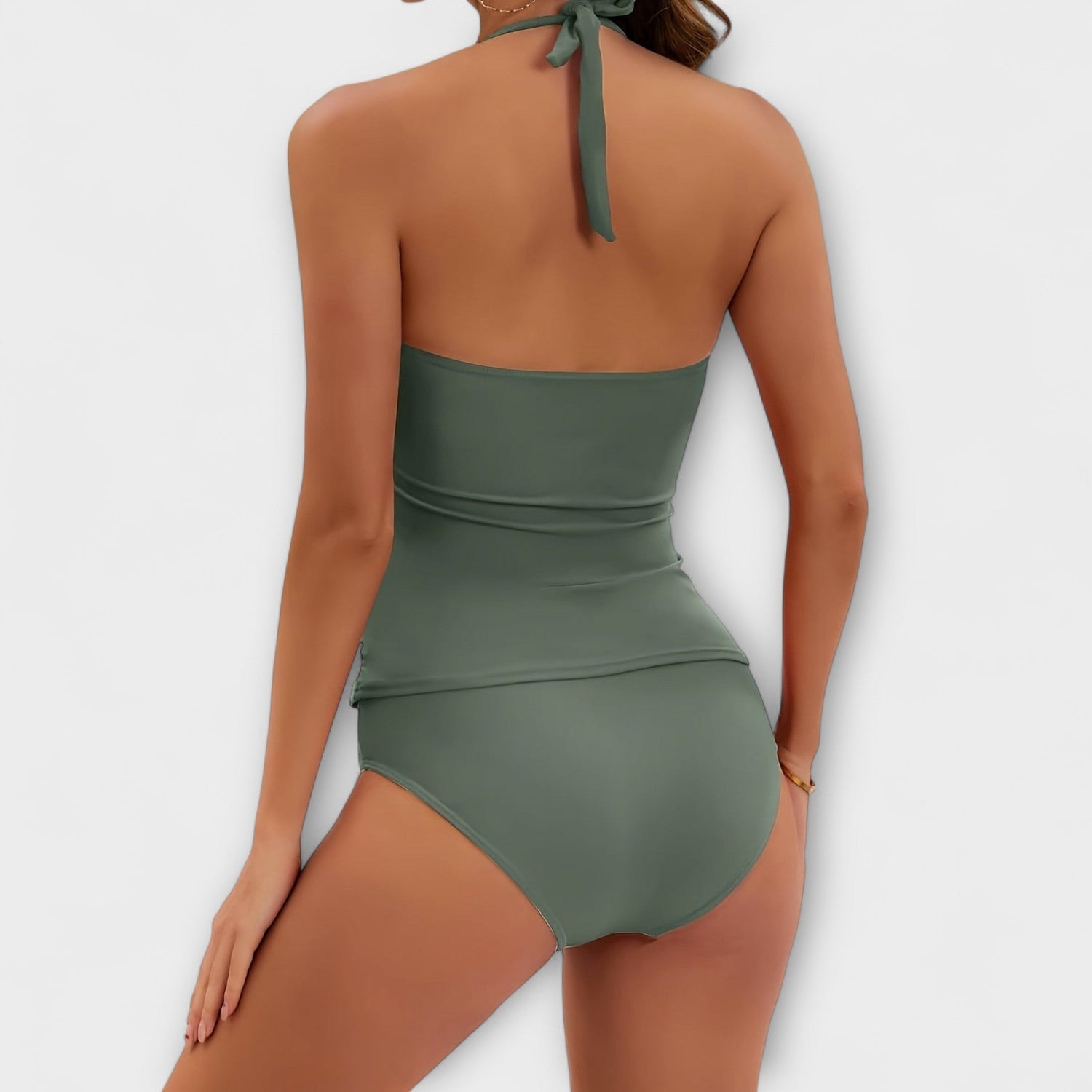 Halter Neck Tankini Set with V-Neckline and Gold Hardware