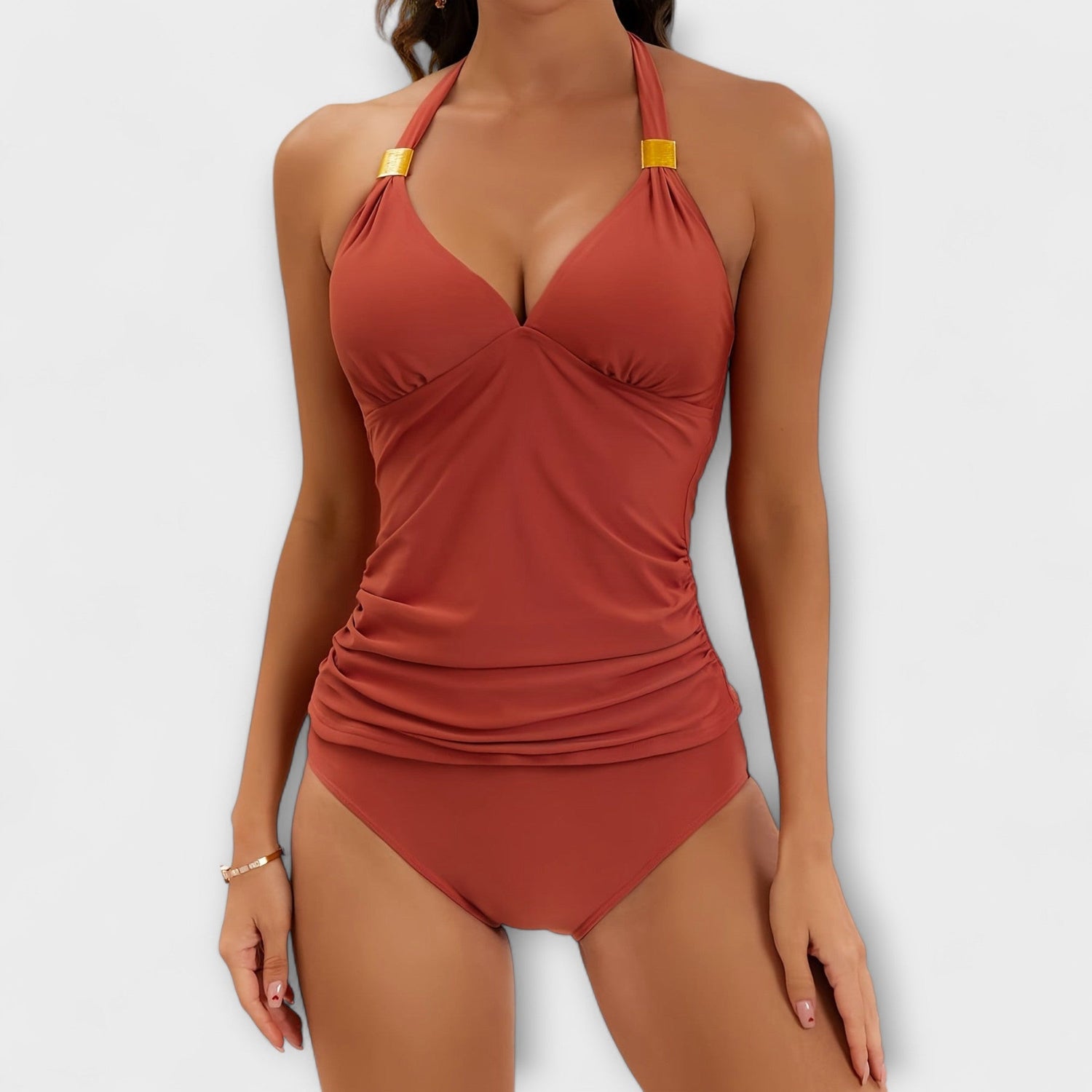 Halter Neck Tankini Set with V-Neckline and Gold Hardware
