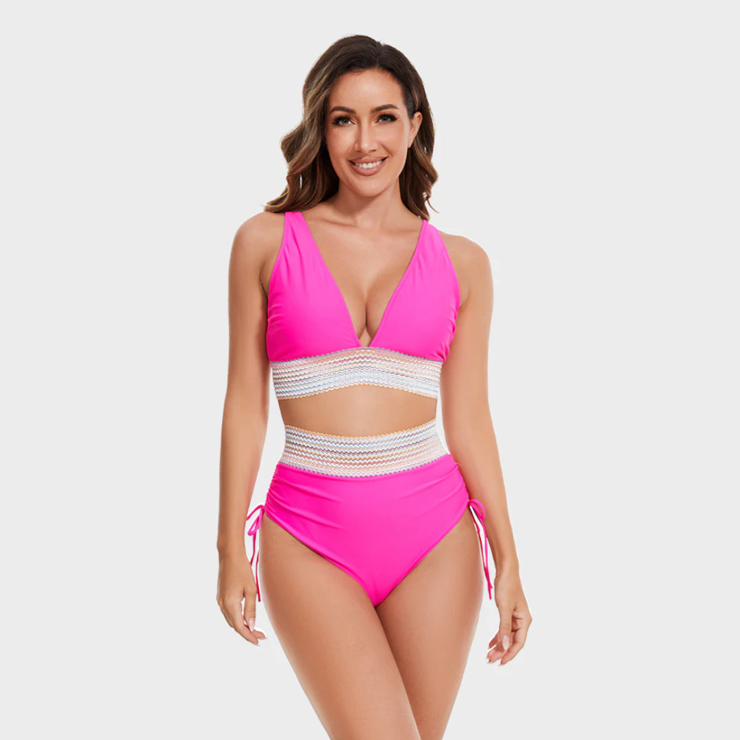 High Waist Bikini Set with Deep V-Neckline and Crochet Waist Band