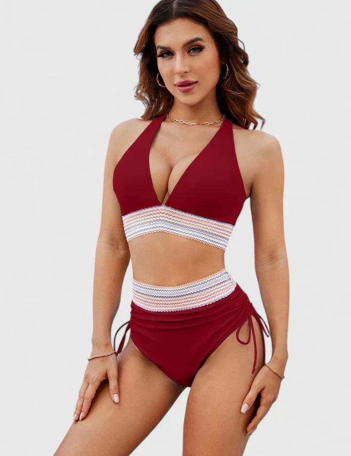 High Waist Bikini Set with Deep V-Neckline and Crochet Waist Band