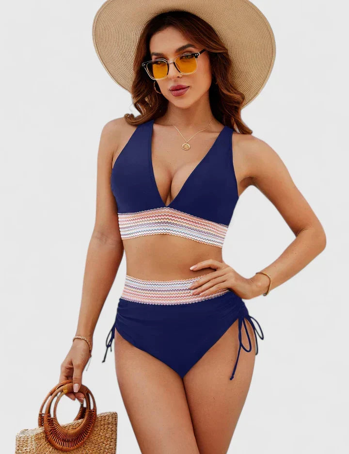 High Waist Bikini Set with Deep V-Neckline and Crochet Waist Band