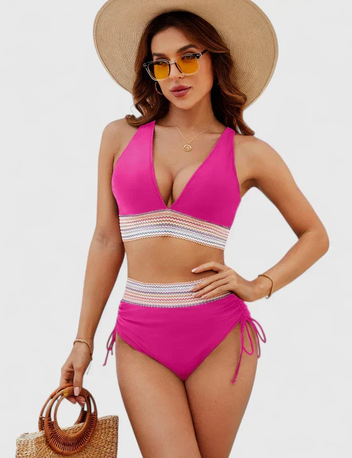 High Waist Bikini Set with Deep V-Neckline and Crochet Waist Band
