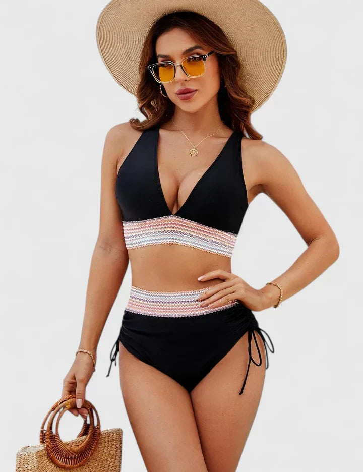 High Waist Bikini Set with Deep V-Neckline and Crochet Waist Band