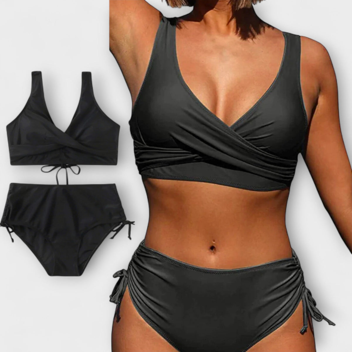 High Waist Bikini Set with Wrap Front Top and Ruched Bottoms