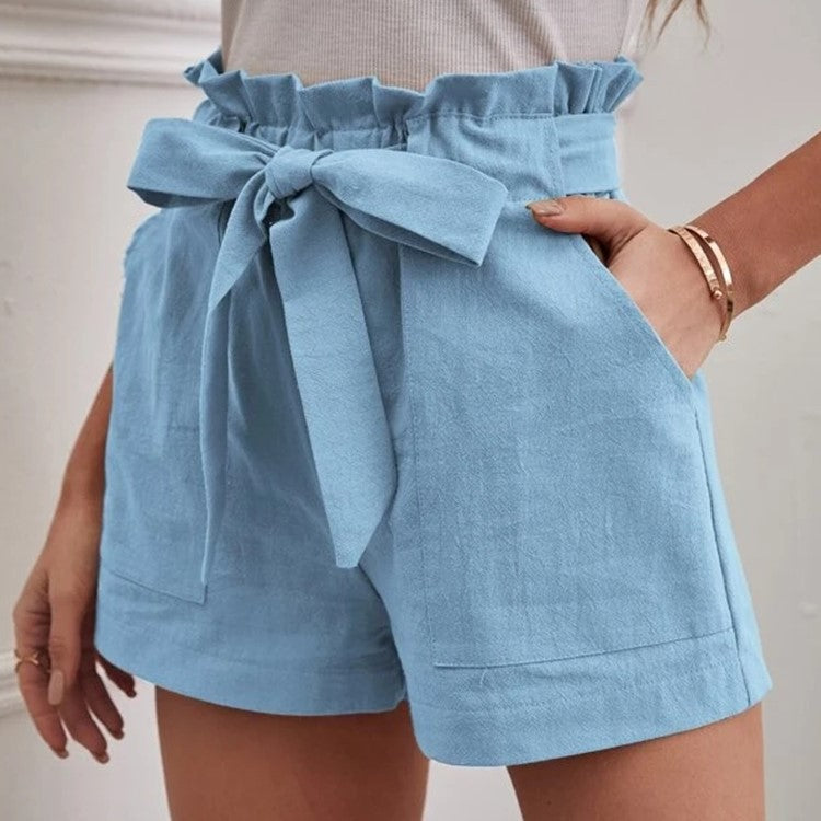 High Waist Shorts with Ruffle Waistband and Tie Belt