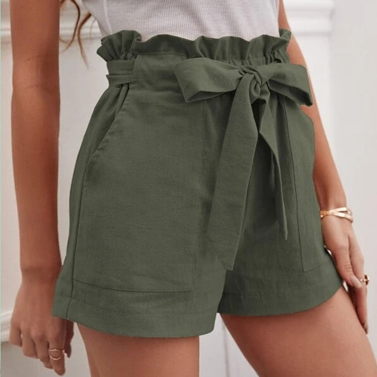 High Waist Shorts with Ruffle Waistband and Tie Belt