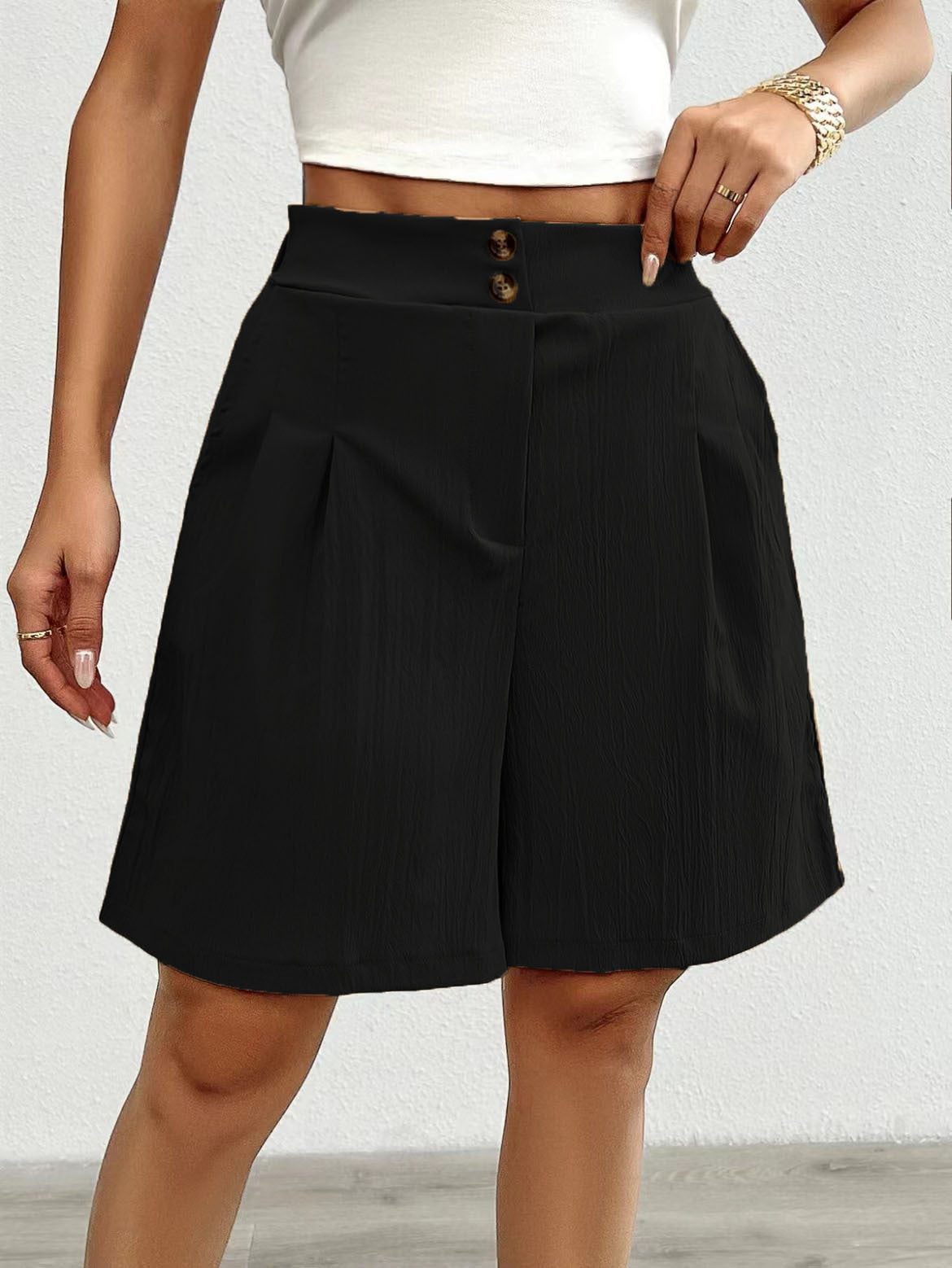 High Waist Pleated Shorts with Double Button Detail