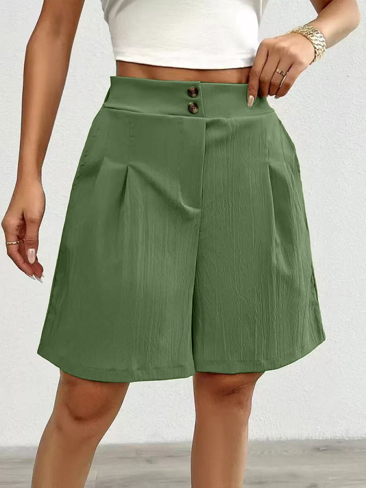 High Waist Pleated Shorts with Double Button Detail
