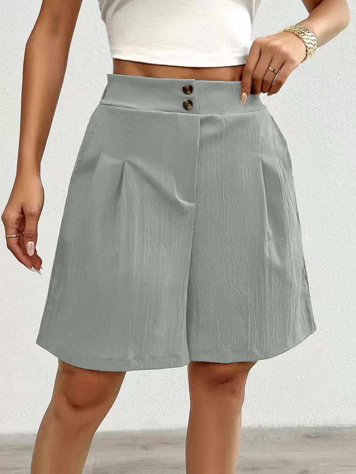 High Waist Pleated Shorts with Double Button Detail