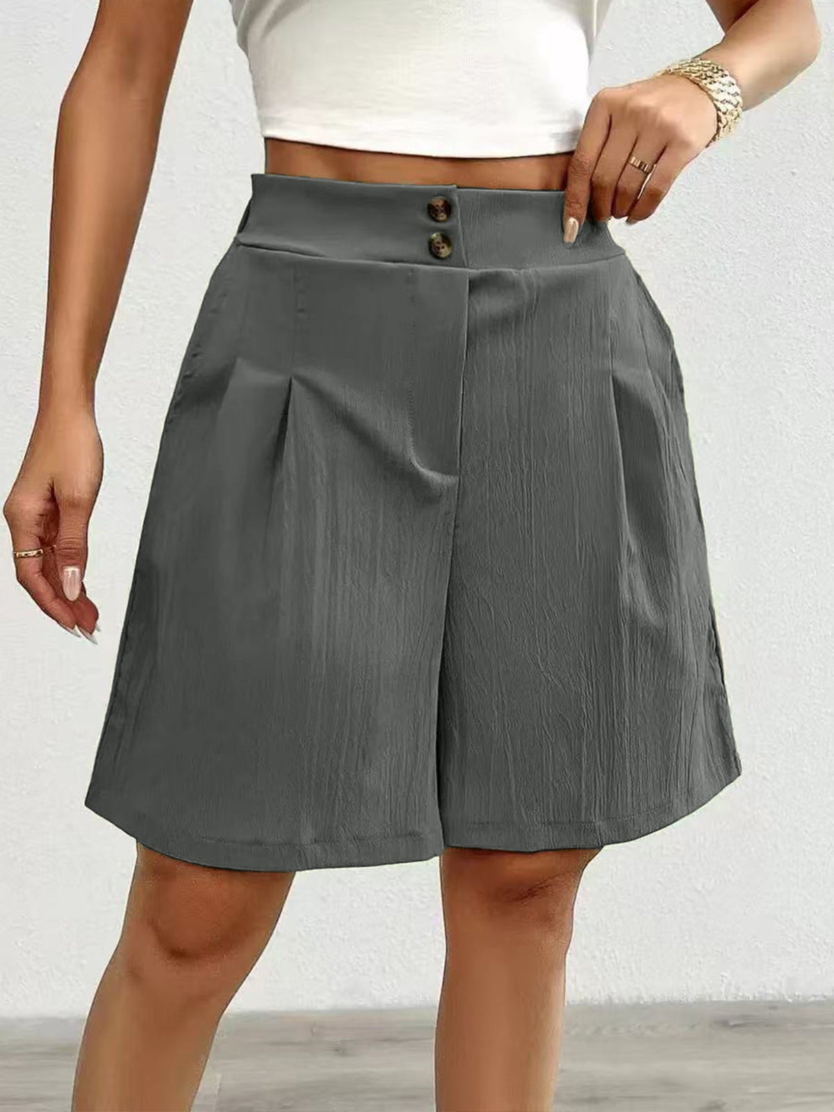 High Waist Pleated Shorts with Double Button Detail