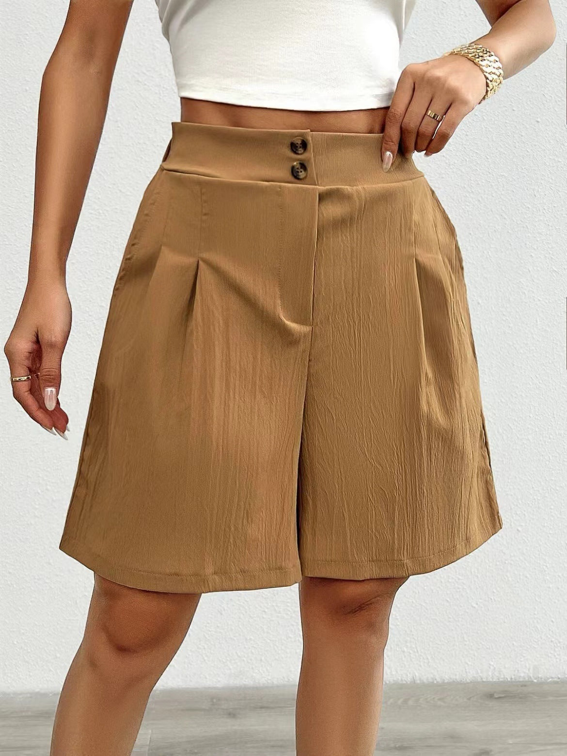 High Waist Pleated Shorts with Double Button Detail