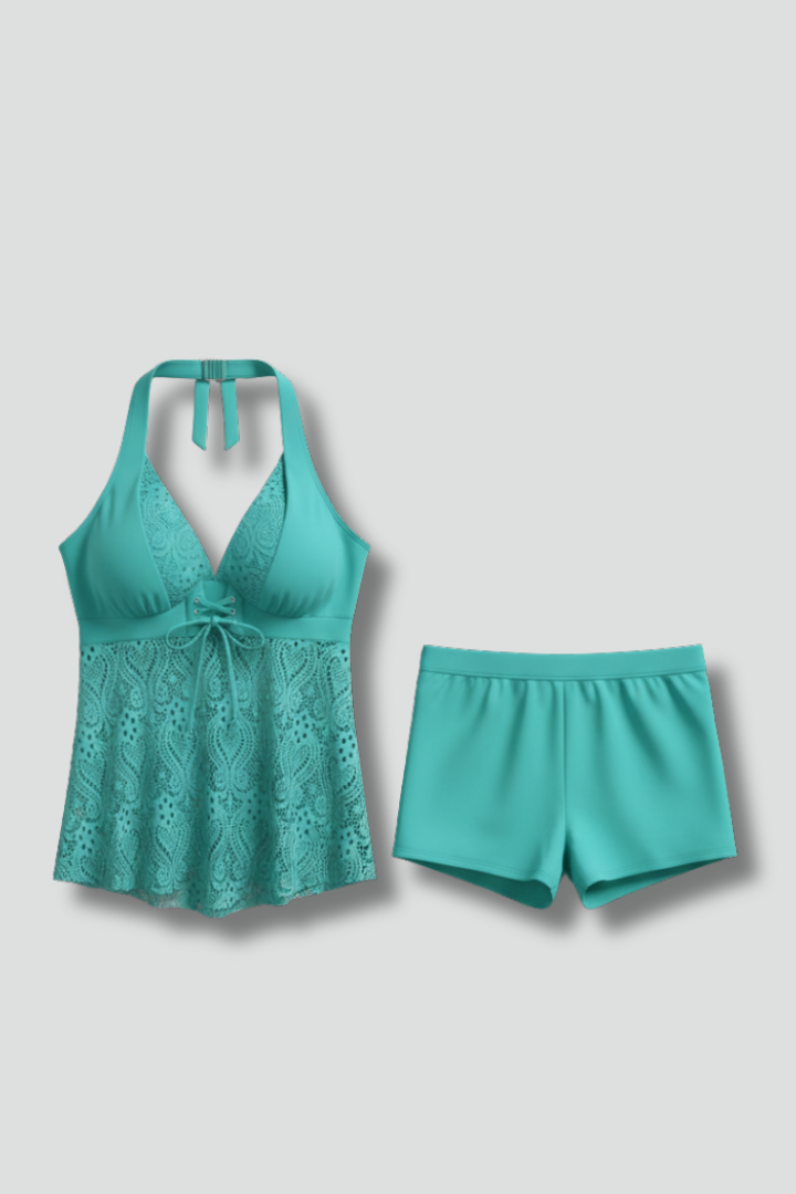 Lace Halter Tankini Set with Bow Detail and Swim Shorts