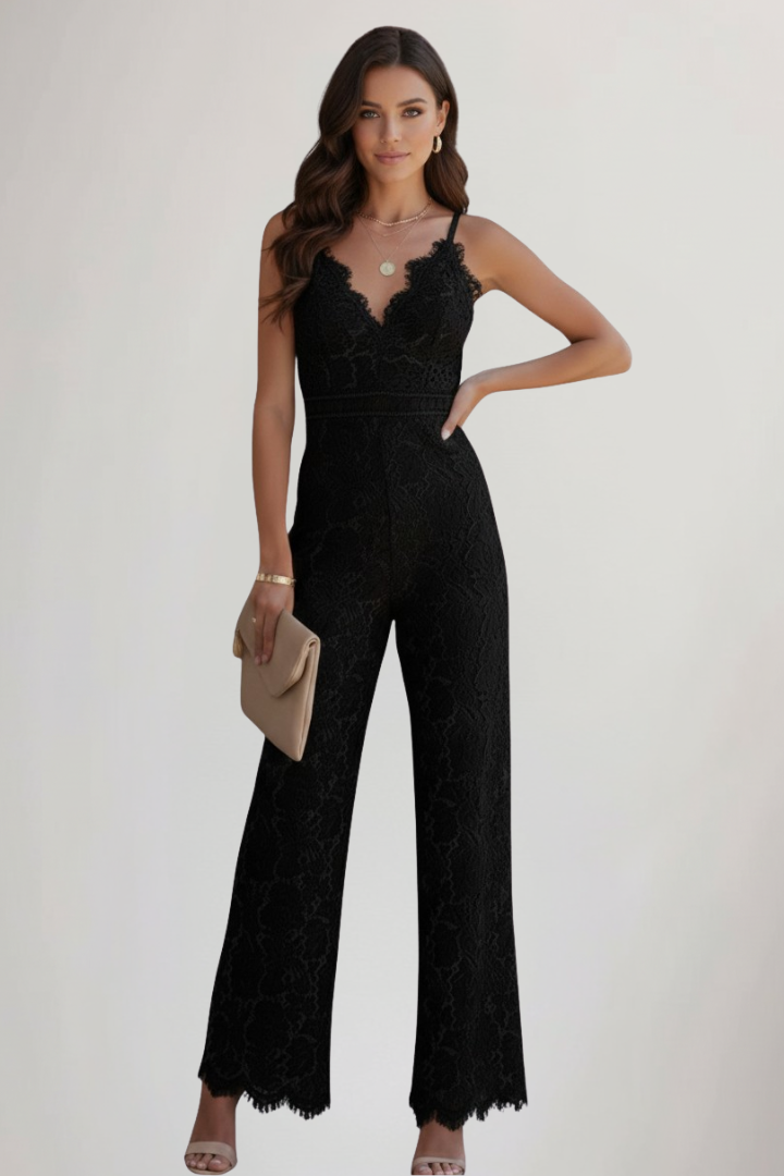 Lace Wide Leg Jumpsuit with V-Neckline and Scalloped Hem