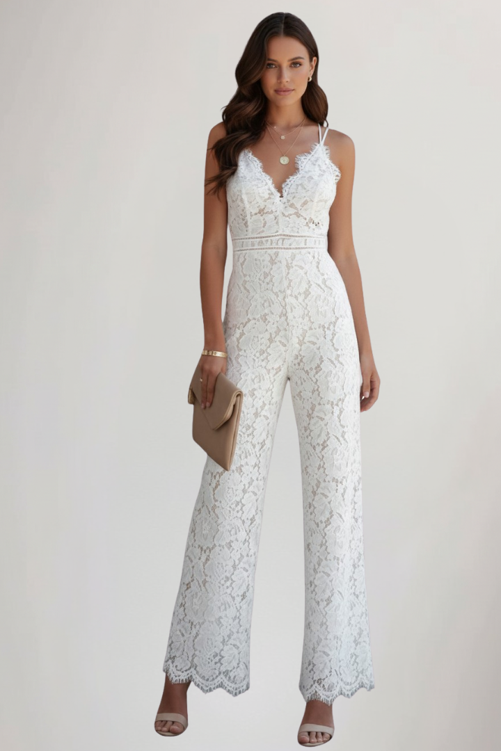 Lace Wide Leg Jumpsuit with V-Neckline and Scalloped Hem