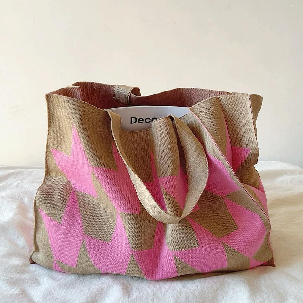 Large Knit Tote Bag with Bold Geometric Print