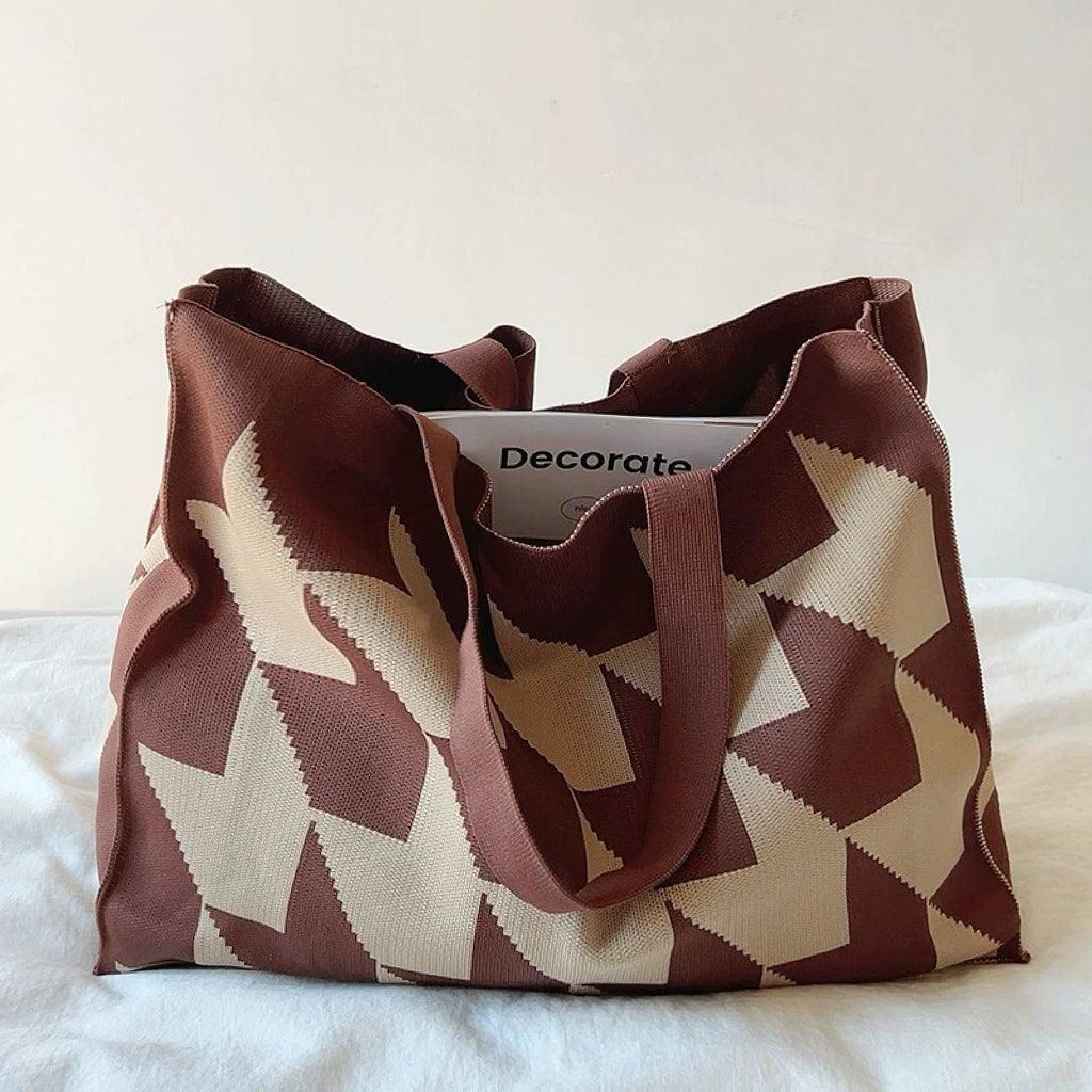 Large Knit Tote Bag with Bold Geometric Print