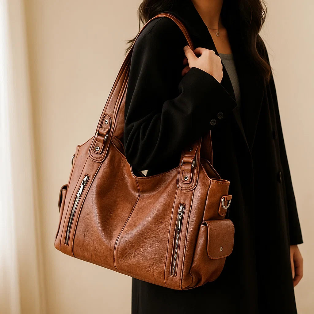 Large Leather Shoulder Bag with Multi-Zip Pockets