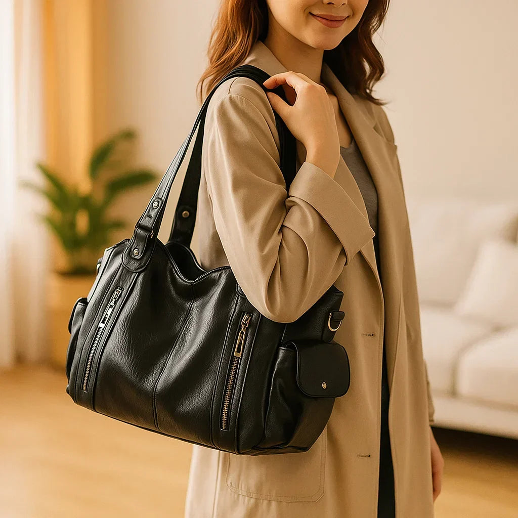 Large Leather Shoulder Bag with Multi-Zip Pockets