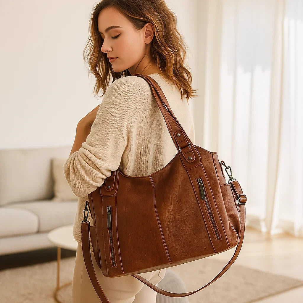 Large Leather Shoulder Bag with Multi-Zip Pockets