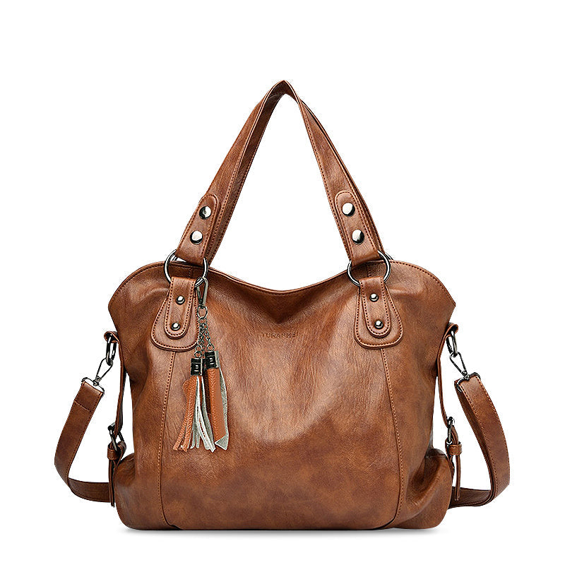 Large Leather Shoulder Bag with Tassel Zip and Stud Detail