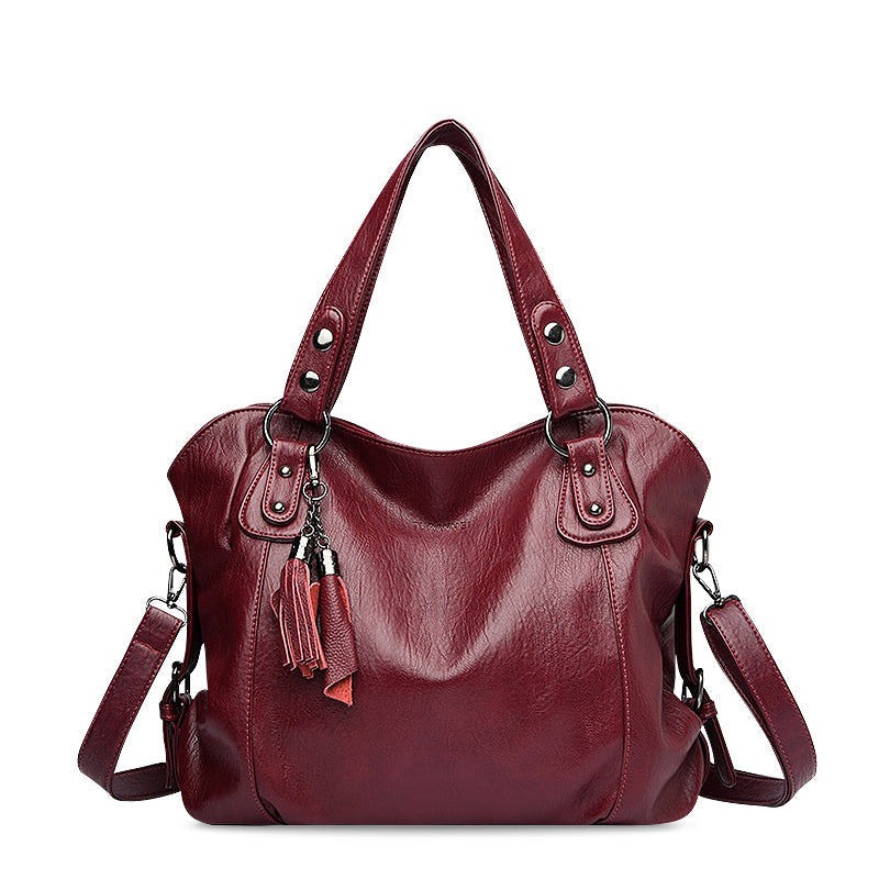 Large Leather Shoulder Bag with Tassel Zip and Stud Detail